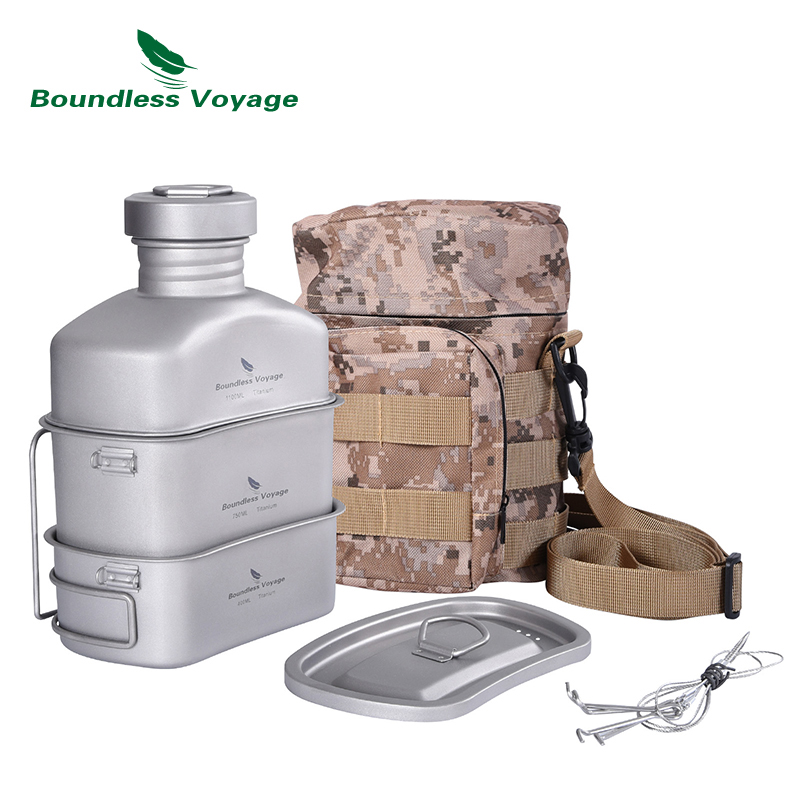 Camping Outdoor Cooking Equipment - 無限航海屋外軍事水筒ボトルキャンプハイキング水カップチタン調理器具1100ミリリットルボトル750ミリリットルポット400ミリリットルボウル