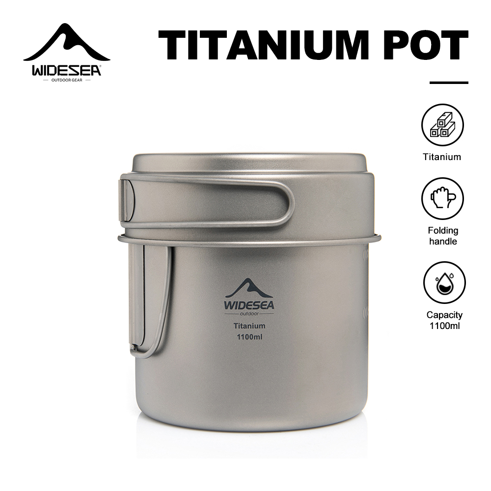 Camping Outdoor Cooking Equipment - Widesea 超軽量チタンキャンプポット 1100ml 折りたたみハンドル ポータブルアウトドア調理器具 メッシュバッグ付き