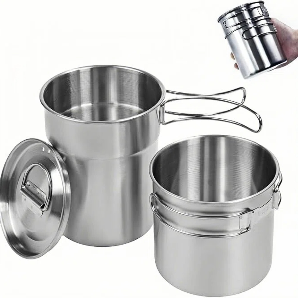 Camping Hiking Cooking - 折りたたみ式キャンプカップマグカップキャンプポット調理器具304食品グレード屋外キャンプクッキングセット（通気蓋付き、ステンレス鋼バックパック）