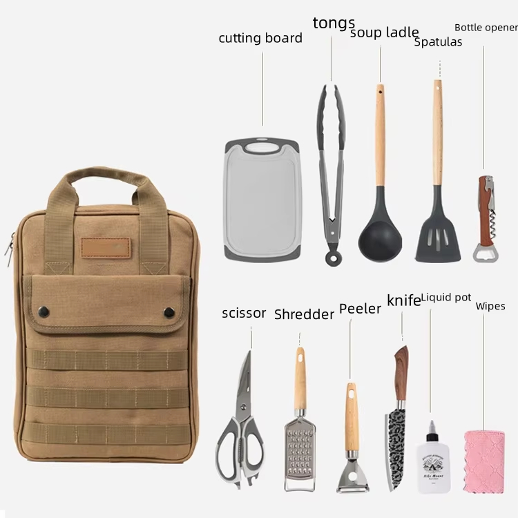 Camping Cooking Accessories Set - キャンプ用調理器具アクセサリーセット、12個入りポータブル調理器具オーガナイザー、屋外ピクニック用食器収納バッグ
