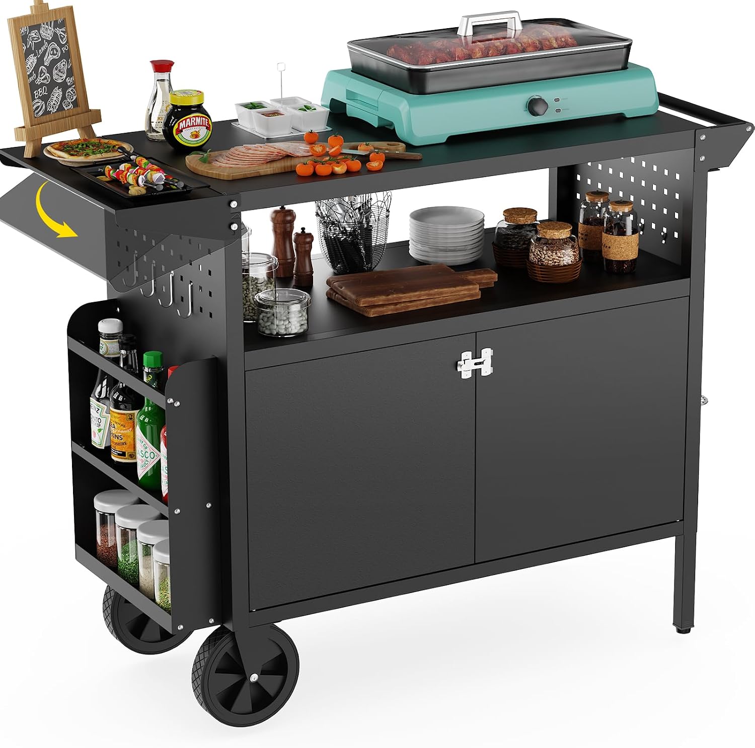 Camping Cooking Food - 屋外グリルカートテーブル、収納付きキッチンアイランド、ホイール付き折りたたみ式テーブルトップ、バーベキュー用食品準備ステーション、頑丈な金属グリドルカウンタートップ、パティオやキャンプ用