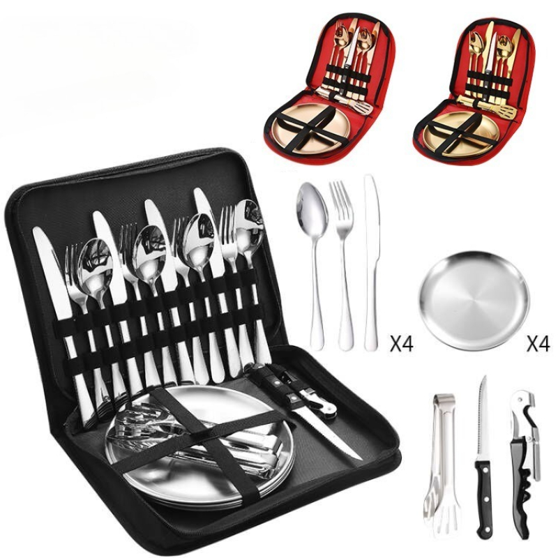 Camping Cooking And Eating Set - 10/20 個ステンレス鋼アウトドアカトラリーセットキャンプピクニックナイフフォークスプーンプレートポータブルキャンバスバッグ食器セット
