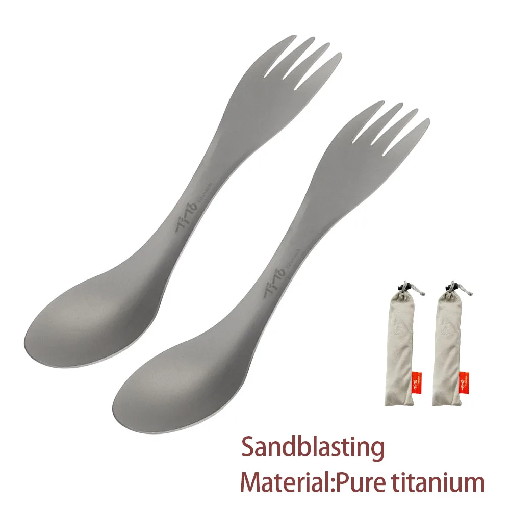 Camping Outdoor Cooking Equipment - チタンスポーク 2-in-1 スプーン超軽量調理器具ポータブルフォークナイフアウトドアキャンプピクニック旅行環境に優しい食器