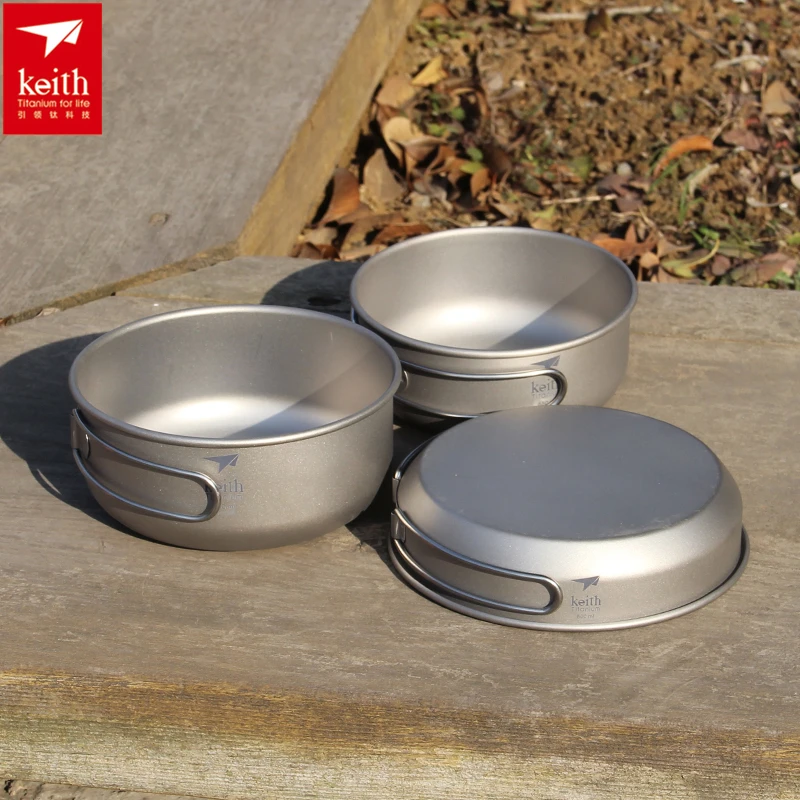Camping Hiking Cooking - キース 3 個チタン調理器具パンボウルセット折りたたみハンドルクックセット屋外旅行狩猟キャンプ調理セット Ti6053