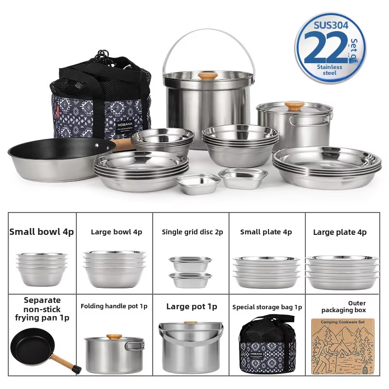 Camping Cooking Accessories Set - NOBANA 最新の屋外ステンレス鋼ポットセットキャンプファミリーポットセット 5L ポータブルピクニックスープポット揚げ蒸し家庭用ポット