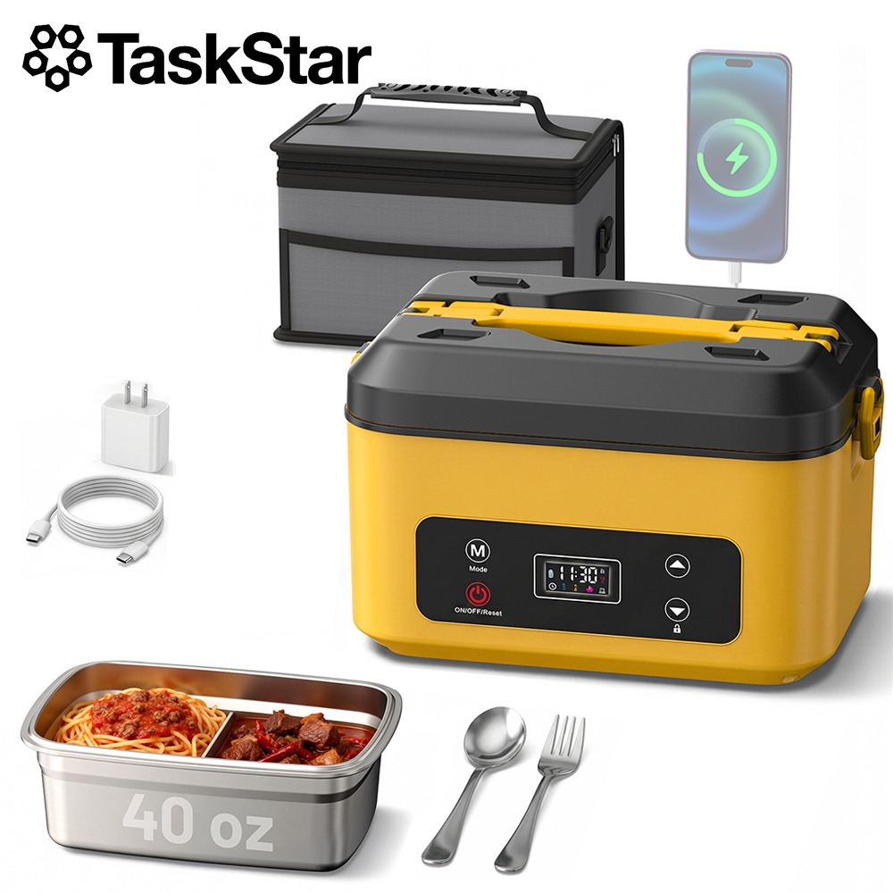 Camping Cooking Food - タスクスター ポータブル加熱ランチボックス 40オンス コードレス漏れ防止フードウォーマー ステンレススチールライナーと断熱材付き キャンプ、仕事、学校用、モバイルバッテリーとしても使用可能
