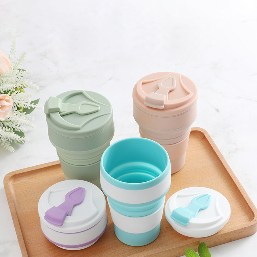 Camping Cooking Food - 350ML 食品グレードのシリコーン折りたたみカップ、蓋付き、再利用可能なポータブルコーヒーカップ、ホットドリンク、旅行やキャンプに最適