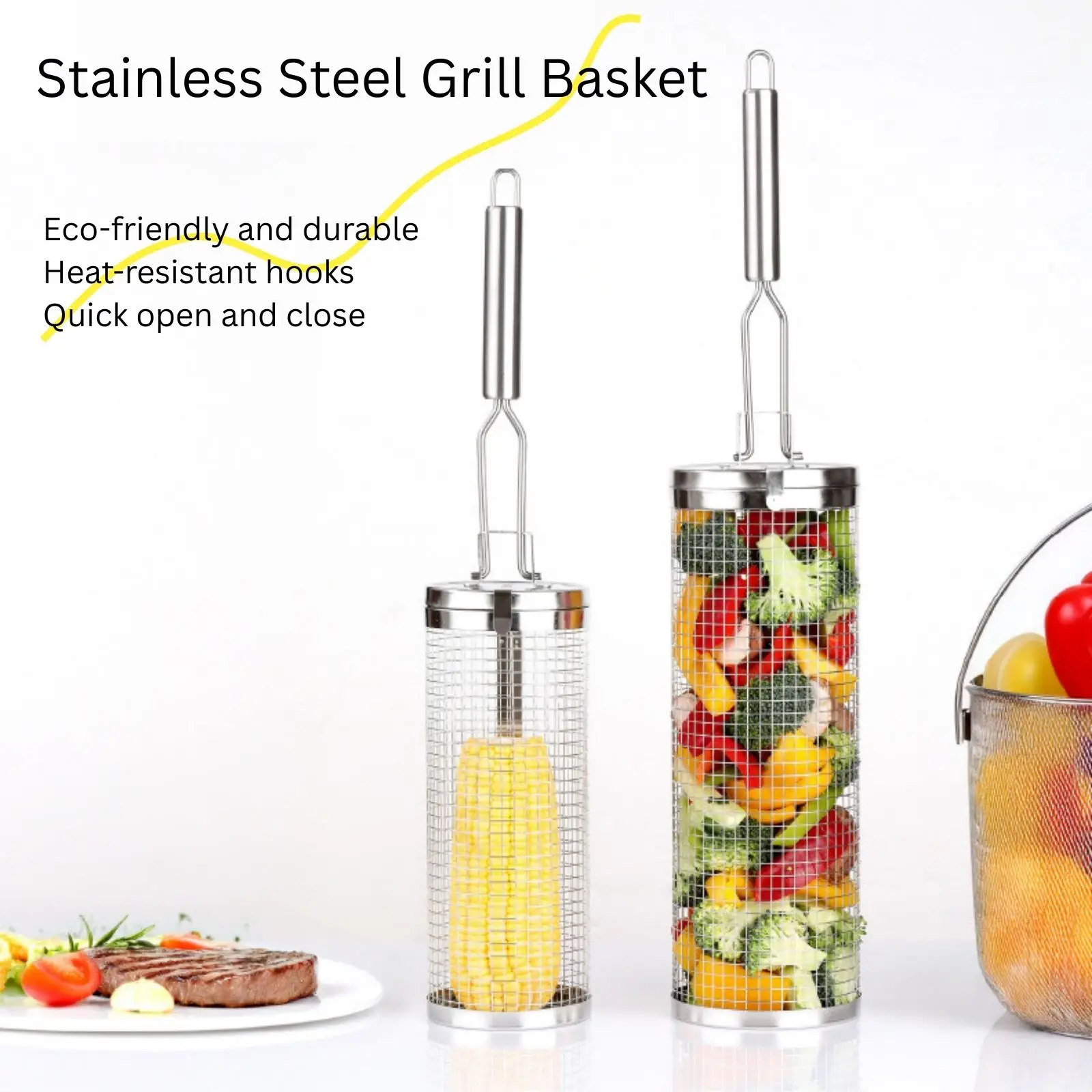 Camping Cooking Vegetables - ステンレス製ローリンググリルバスケット – キャンプ、バーベキュー、野菜、エビ用の必須アウトドア調理アクセサリー（ネスティングデザイン）