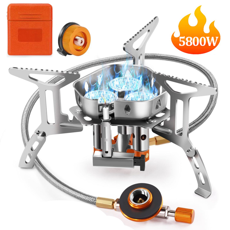 Camping Cooking Windshield - 5800Wハイパワーキャンプ用ガスストーブ、防風屋外用ガスストーブ、料理やハイキングに最適 - アダプターアクセサリー1個付き