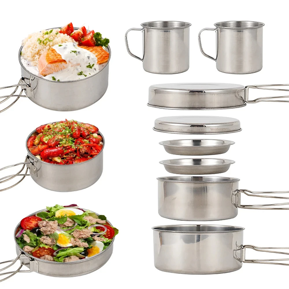 8個/セット キャンプ調理器具セット ステンレス製鍋とフライ - Camping Outdoor Cooking Equipment のレビューと価格