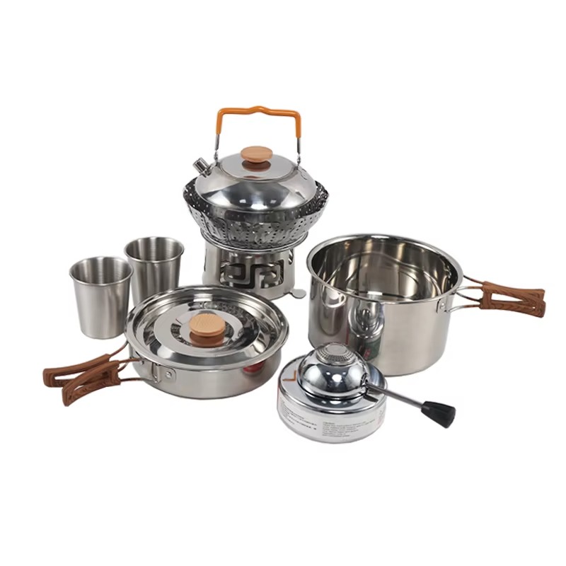 高品質ポータブル屋外キャンプ用調理器具セット、金属製ハンドル - Quality Camping Cooking Set のレビューと価格