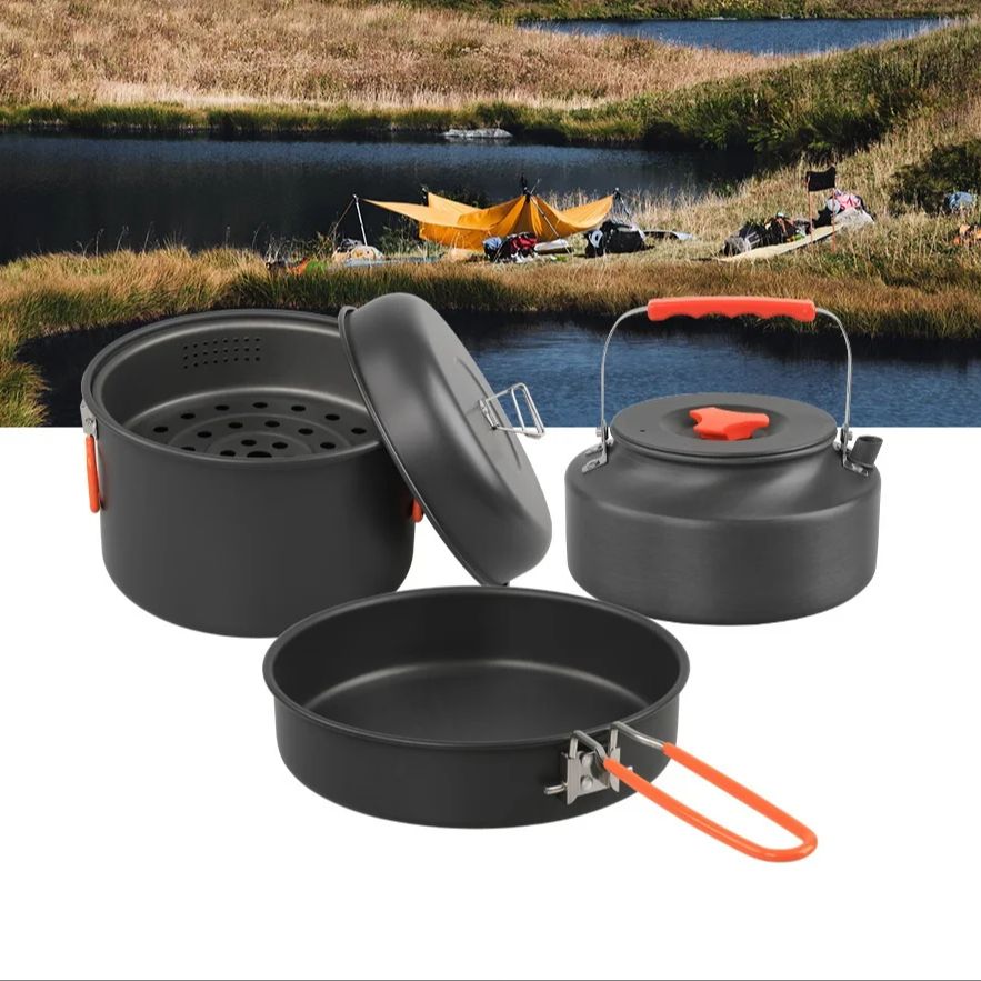 屋外調理器具セット、キャンプ調理鍋、ケトル、蒸し器、フライパ - Camping Cooking Set のレビューと価格